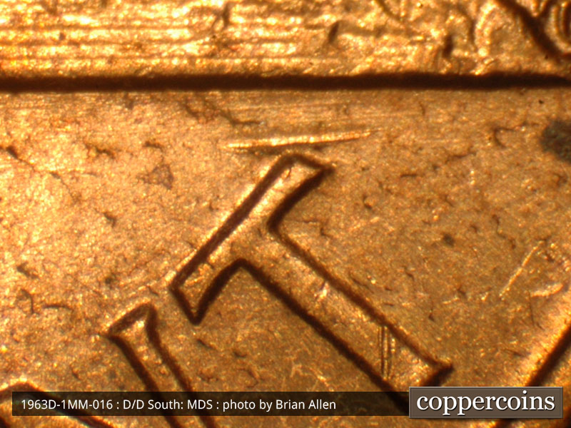 Die-stage B marker on 1963D•1MM•016 (1963 Repunched Mint Mark).