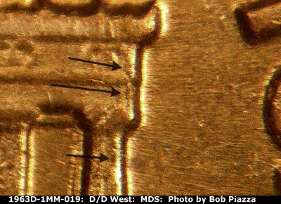 Die-stage B marker on 1963D•1MM•019 (1963 Repunched Mint Mark).
