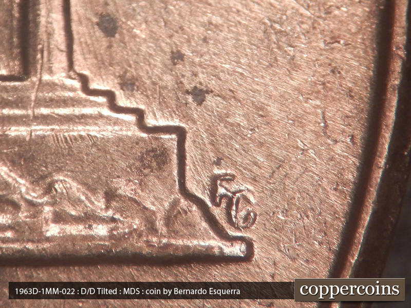 Die-stage B marker on 1963D•1MM•022 (1963 Repunched Mint Mark).