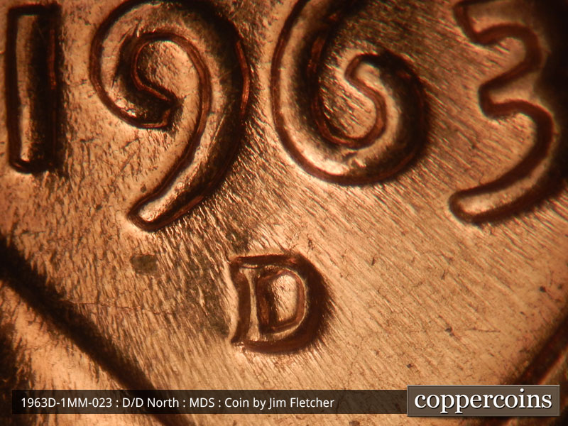 Die-stage B marker on 1963D•1MM•023 (1963 Repunched Mint Mark).