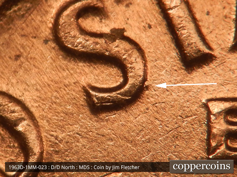 Die-stage B marker on 1963D•1MM•023 (1963 Repunched Mint Mark).