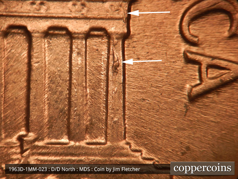 Die-stage B marker on 1963D•1MM•023 (1963 Repunched Mint Mark).