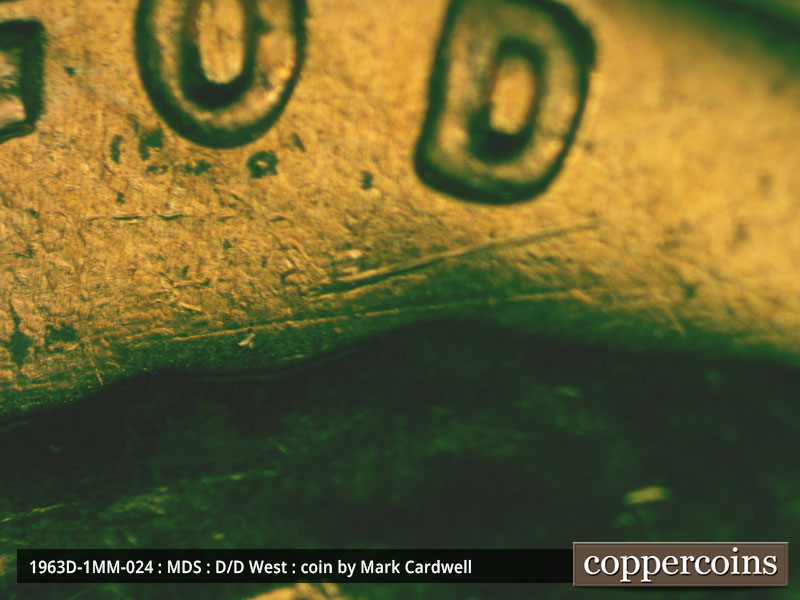 Die-stage B marker on 1963D•1MM•024 (1963 Repunched Mint Mark).