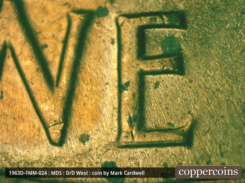 Die-stage B marker on 1963D•1MM•024 (1963 Repunched Mint Mark).