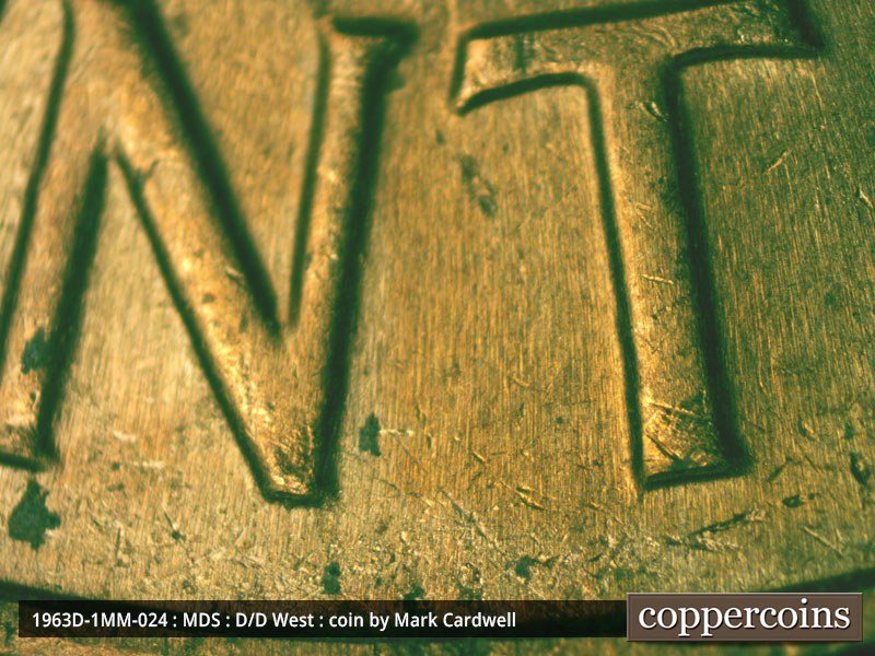 Die-stage B marker on 1963D•1MM•024 (1963 Repunched Mint Mark).
