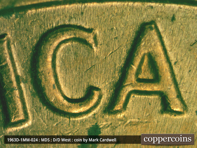 Die-stage B marker on 1963D•1MM•024 (1963 Repunched Mint Mark).