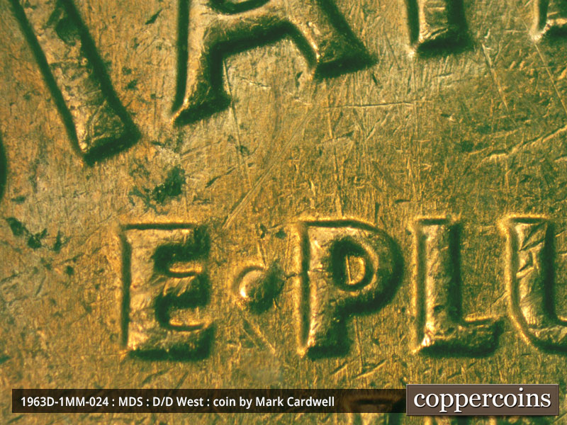 Die-stage B marker on 1963D•1MM•024 (1963 Repunched Mint Mark).