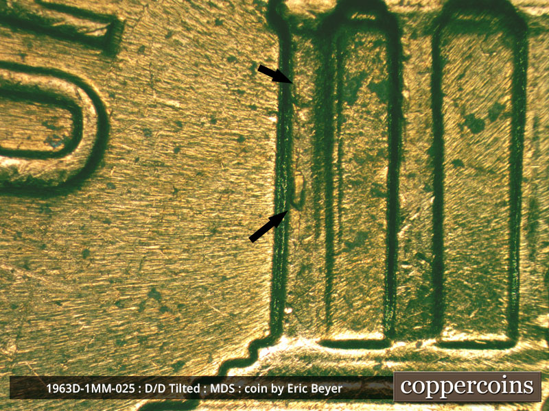 Die-stage B marker on 1963D•1MM•025 (1963 Repunched Mint Mark).