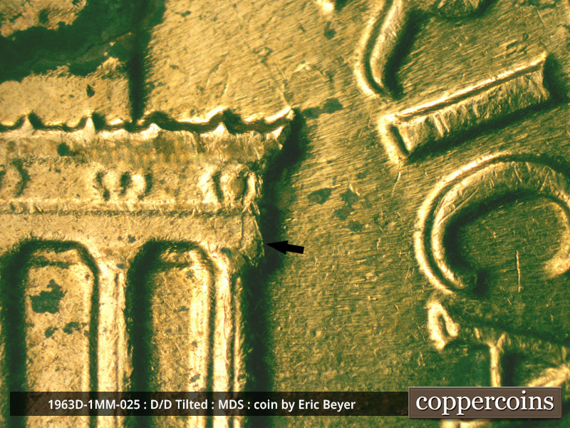 Die-stage B marker on 1963D•1MM•025 (1963 Repunched Mint Mark).