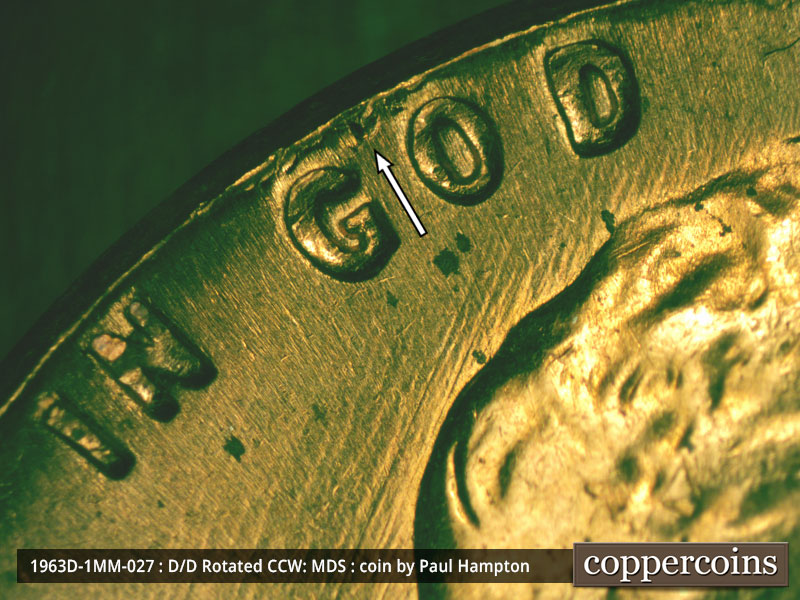 Die-stage B marker on 1963D•1MM•027 (1963 Repunched Mint Mark).
