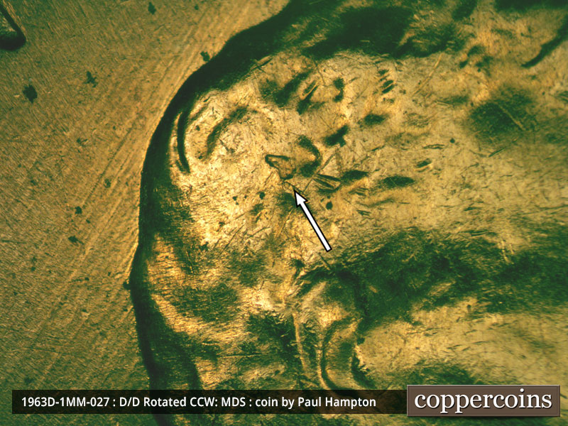 Die-stage B marker on 1963D•1MM•027 (1963 Repunched Mint Mark).