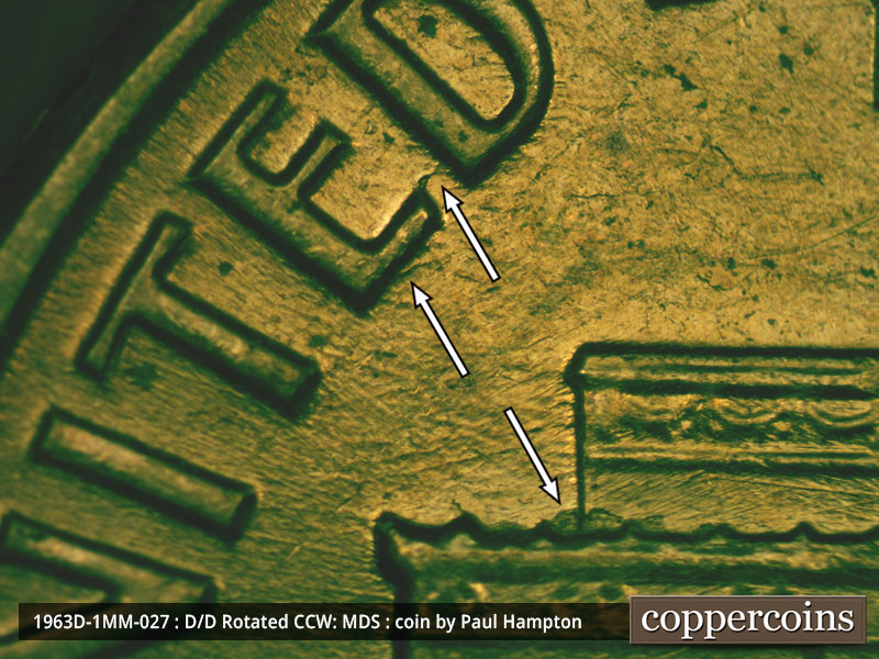 Die-stage B marker on 1963D•1MM•027 (1963 Repunched Mint Mark).