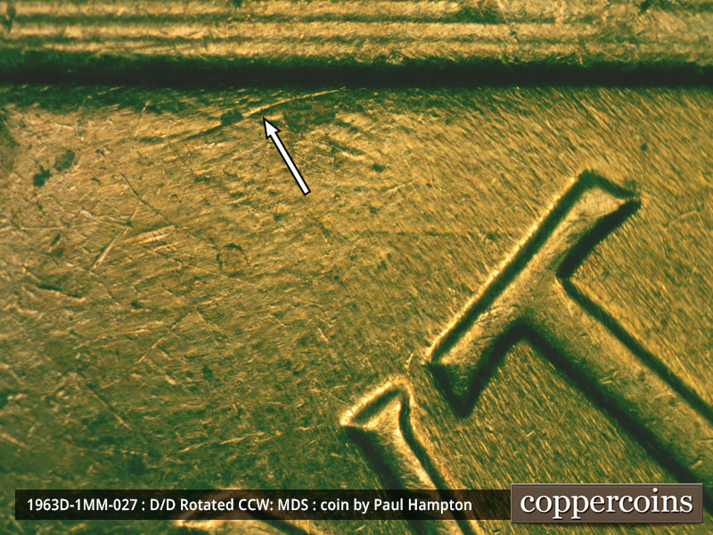 Die-stage B marker on 1963D•1MM•027 (1963 Repunched Mint Mark).