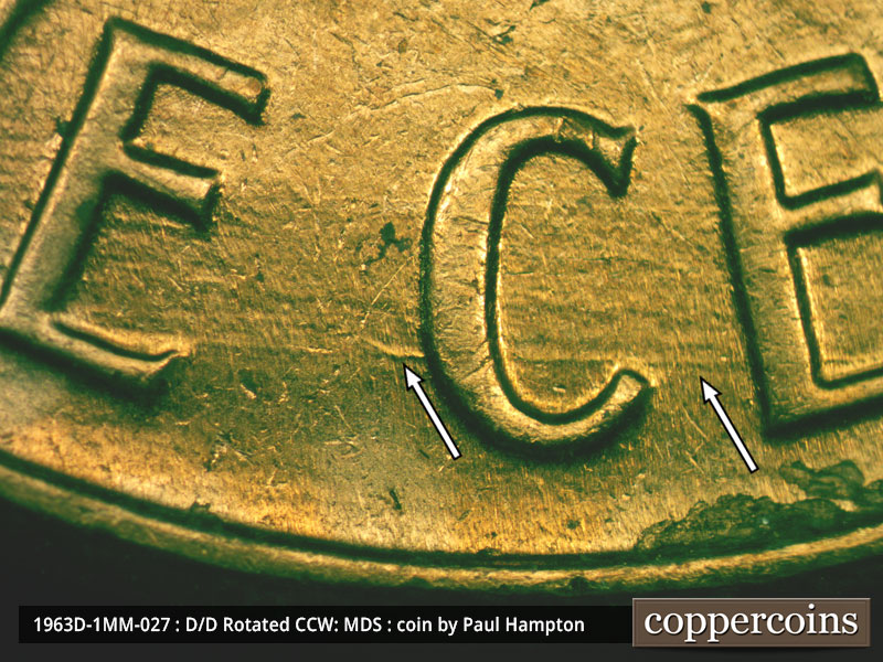 Die-stage B marker on 1963D•1MM•027 (1963 Repunched Mint Mark).