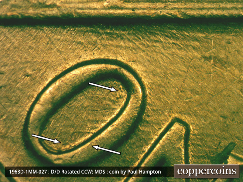 Die-stage B marker on 1963D•1MM•027 (1963 Repunched Mint Mark).