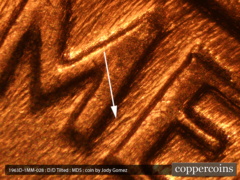 Die-stage B marker on 1963D•1MM•028 (1963 Repunched Mint Mark).