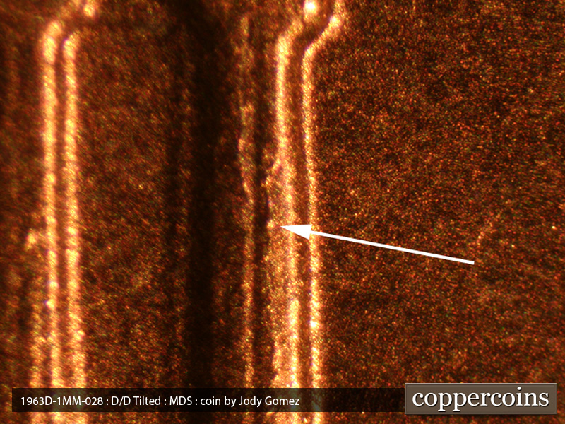 Die-stage B marker on 1963D•1MM•028 (1963 Repunched Mint Mark).