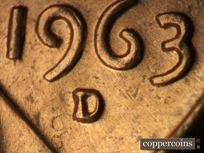 1963 Lincoln cent obverse, CopperCoins die 1963D•1MM•030.