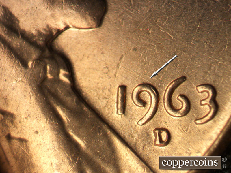 Die-stage B marker on 1963D•1MM•030 (1963 Repunched Mint Mark).