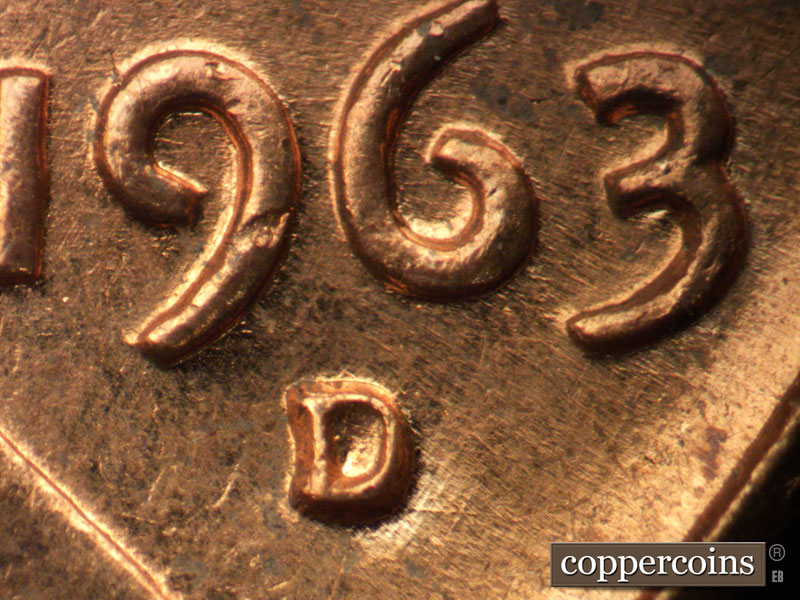 1963 Lincoln cent obverse, CopperCoins die 1963D•1MM•031.