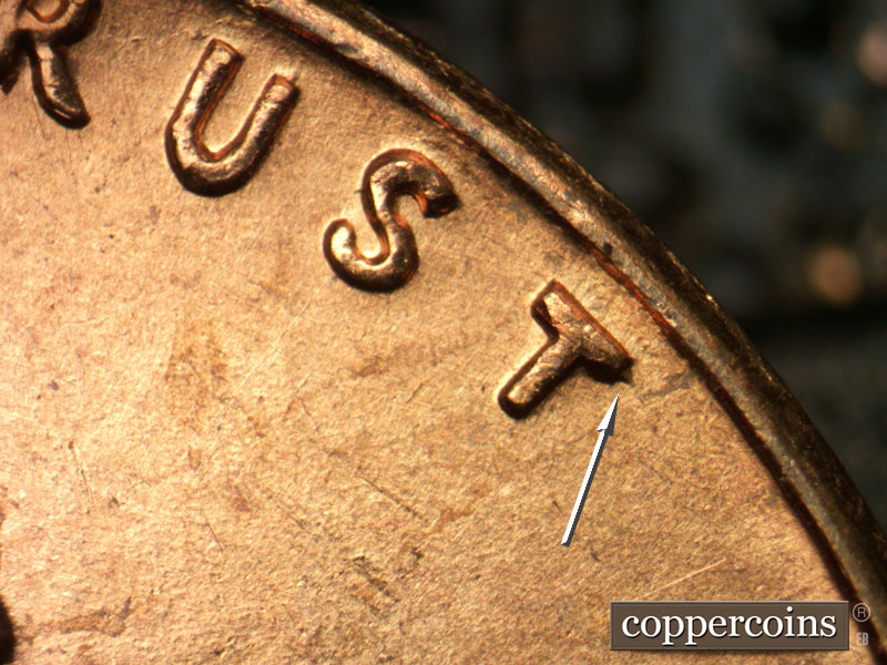 Die-stage A marker on 1963P•1DO•003 (1963 Doubled Die Obverse).