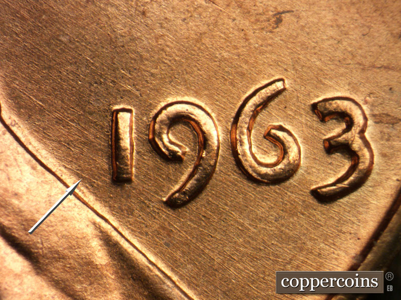Die-stage A marker on 1963P•1DO•003 (1963 Doubled Die Obverse).