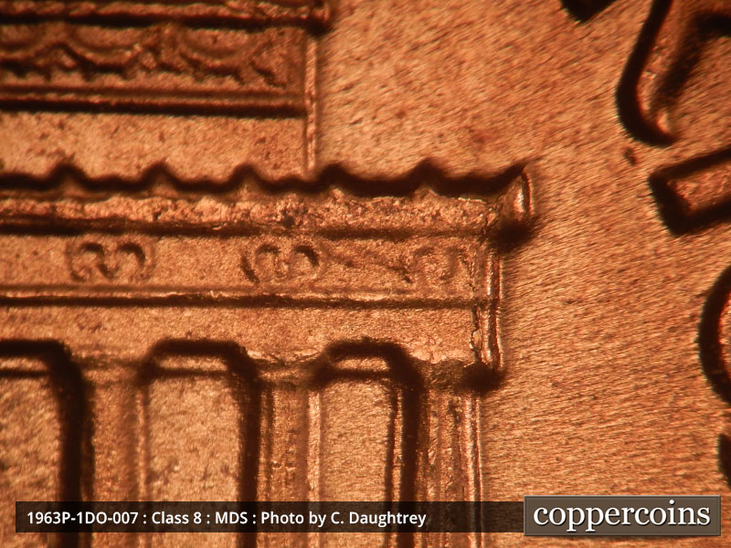 Die-stage B marker on 1963P•1DO•007 (1963 Doubled Die Obverse).