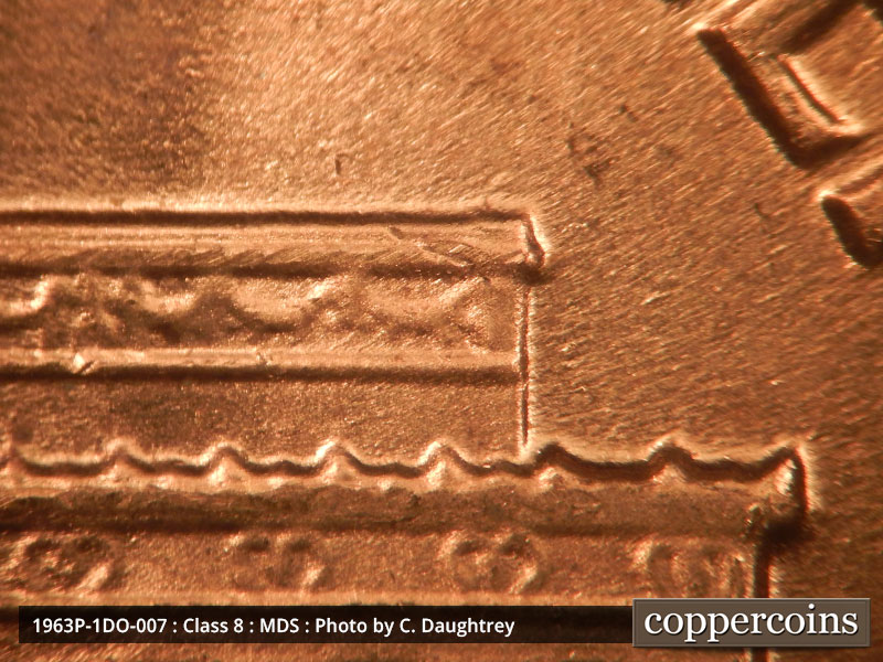 Die-stage B marker on 1963P•1DO•007 (1963 Doubled Die Obverse).