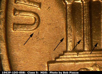 Die-stage B marker on 1963P•1DO•008 (1963 Doubled Die Obverse).