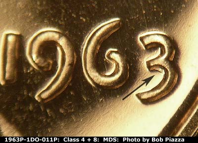Die-stage B marker on 1963P•1DO•011P (1963 Doubled Die Obverse).