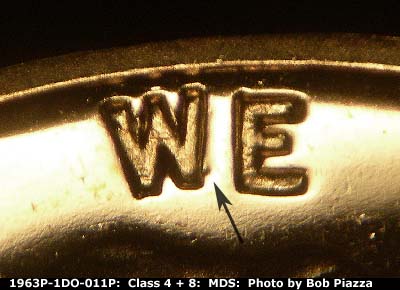 Die-stage B marker on 1963P•1DO•011P (1963 Doubled Die Obverse).