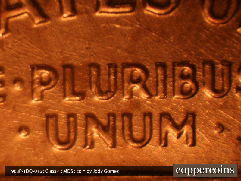 Die-stage B marker on 1963P•1DO•016 (1963 Doubled Die Obverse).