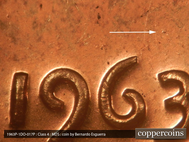 Die-stage B marker on 1963P•1DO•017P (1963 Doubled Die Obverse).