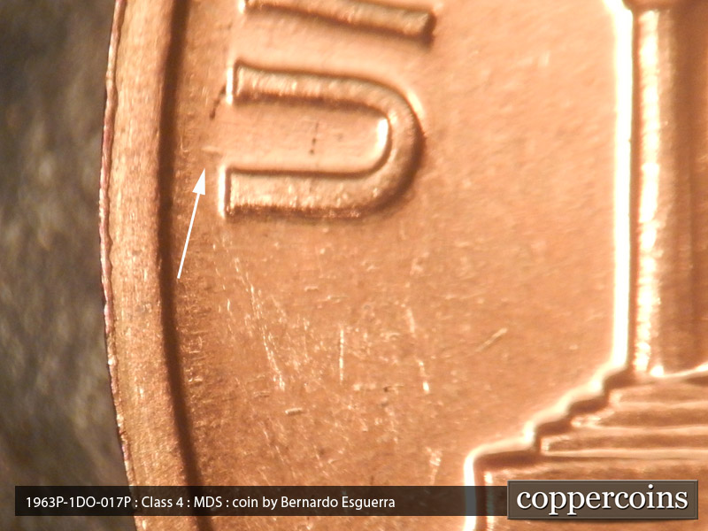 Die-stage B marker on 1963P•1DO•017P (1963 Doubled Die Obverse).