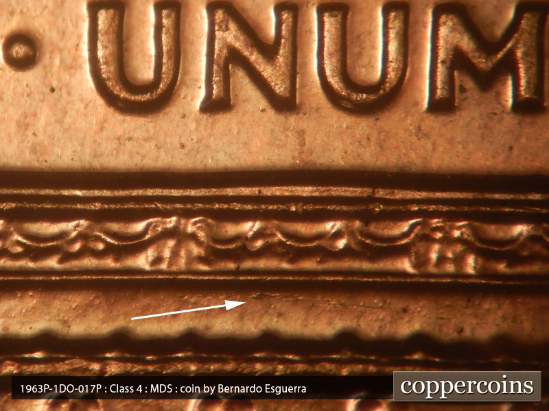 Die-stage B marker on 1963P•1DO•017P (1963 Doubled Die Obverse).
