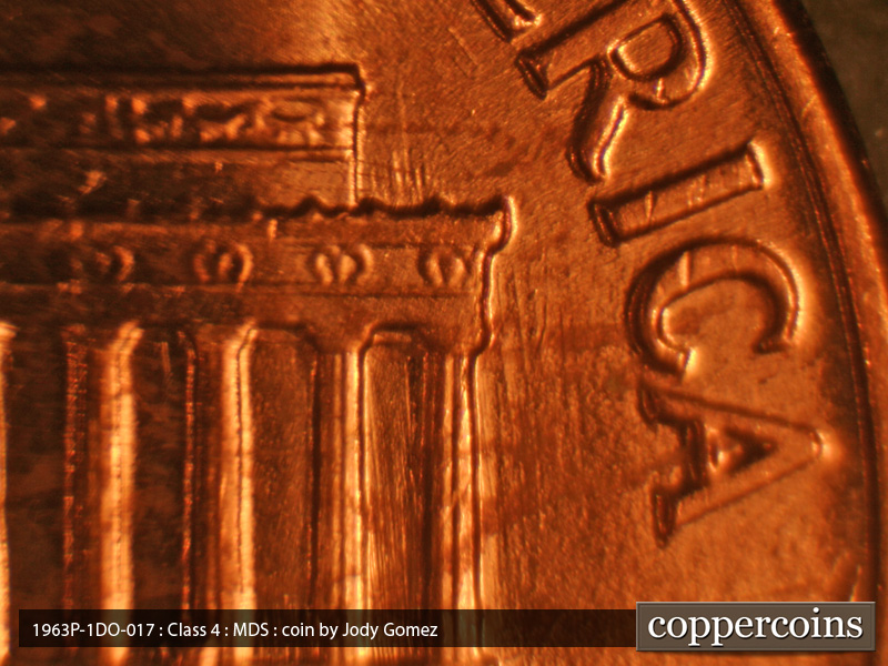 Die-stage B marker on 1963P•1DO•018 (1963 Doubled Die Obverse).