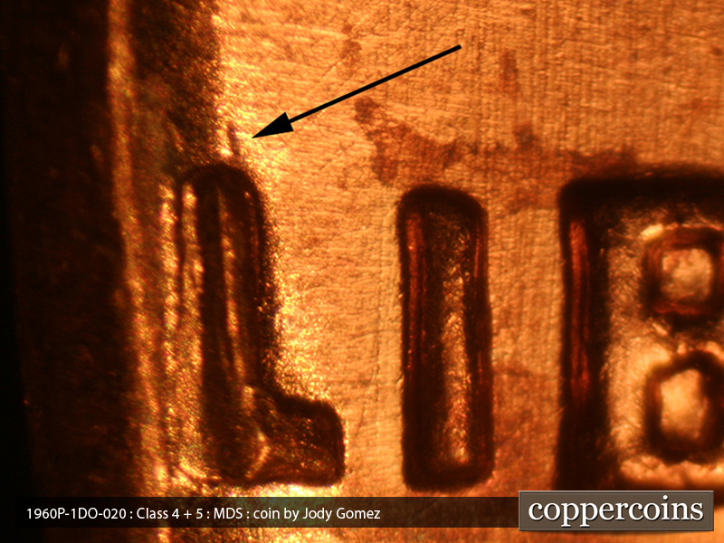 Die-stage B marker on 1963P•1DO•020 (1963 Doubled Die Obverse).