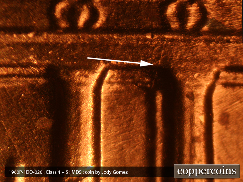 Die-stage B marker on 1963P•1DO•020 (1963 Doubled Die Obverse).