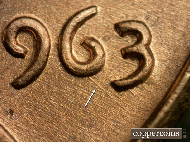 Die-stage A marker on 1963P•1DO•021 (1963 Doubled Die Obverse).