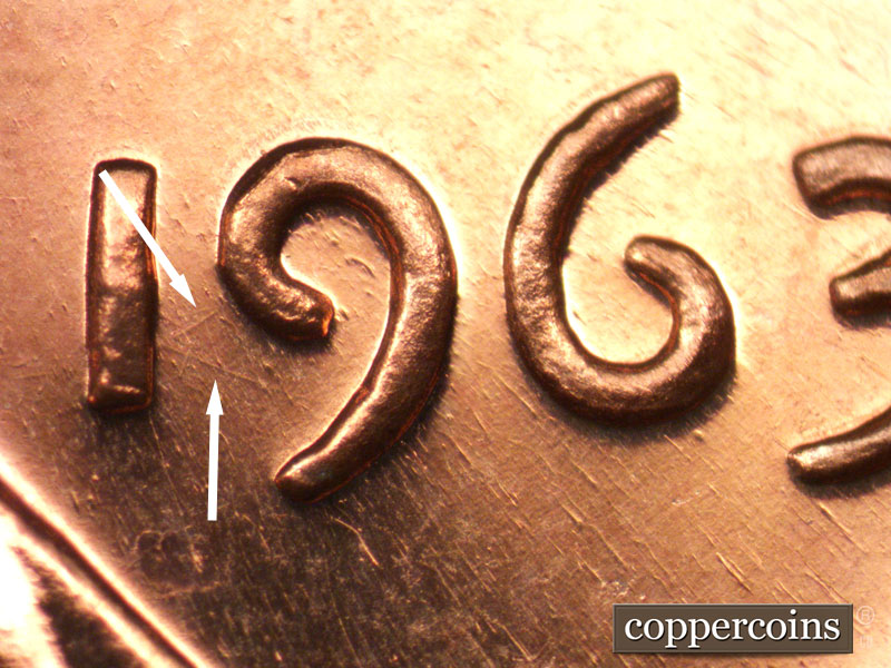 Die-stage B marker on 1963P•1DO•026P (1963 Doubled Die Obverse).