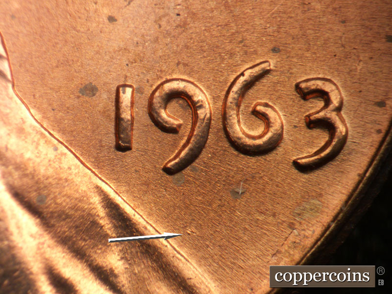 Die-stage B marker on 1963P•1DO•037 (1963 Doubled Die Obverse).