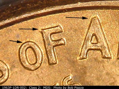 Die-stage B marker on 1963P•1DR•002 (1963 Doubled Die Reverse).
