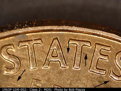 Die-stage B marker on 1963P•1DR•002 (1963 Doubled Die Reverse).