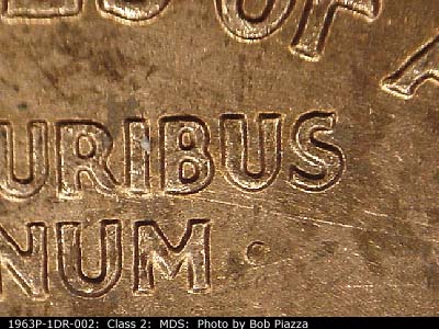 Die-stage B marker on 1963P•1DR•002 (1963 Doubled Die Reverse).