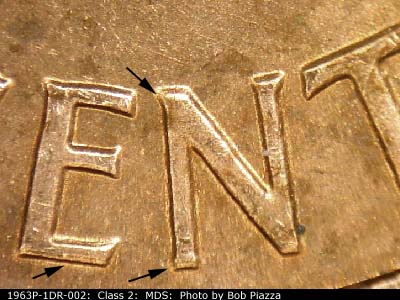 Die-stage B marker on 1963P•1DR•002 (1963 Doubled Die Reverse).