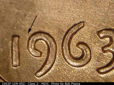 Die-stage B marker on 1963P•1DR•002 (1963 Doubled Die Reverse).