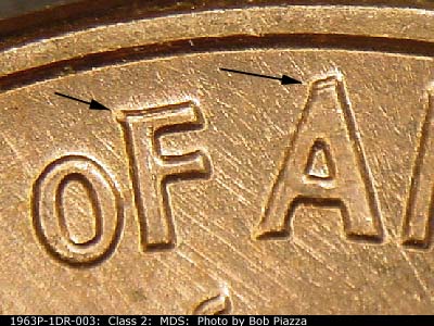 Die-stage B marker on 1963P•1DR•003 (1963 Doubled Die Reverse).