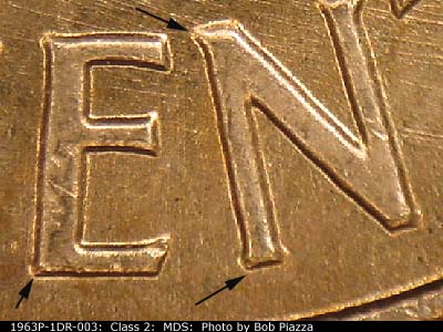 Die-stage B marker on 1963P•1DR•003 (1963 Doubled Die Reverse).