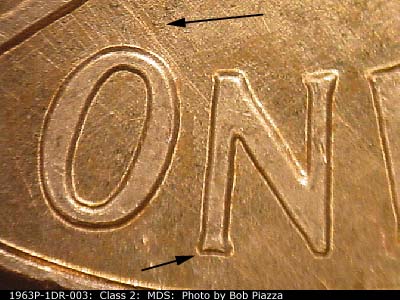 Die-stage B marker on 1963P•1DR•003 (1963 Doubled Die Reverse).
