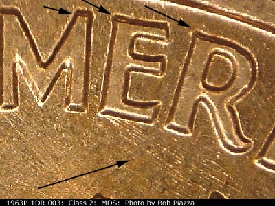 Die-stage B marker on 1963P•1DR•003 (1963 Doubled Die Reverse).